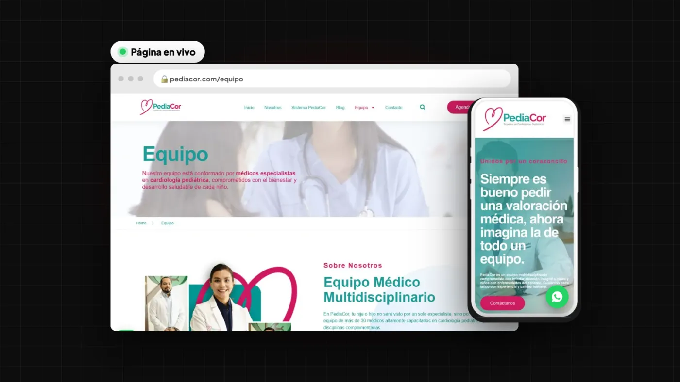 Página web de PediaCor en vivo, en computadora y celular