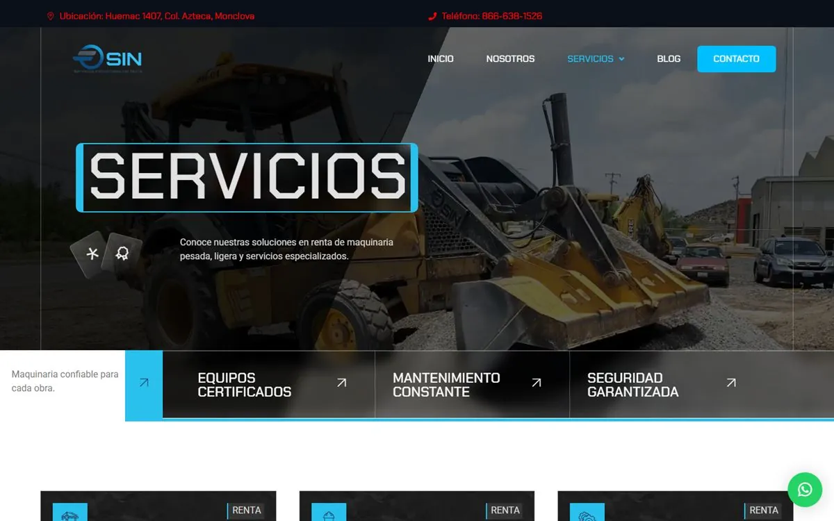 Página de servicios del sitio de Equirent