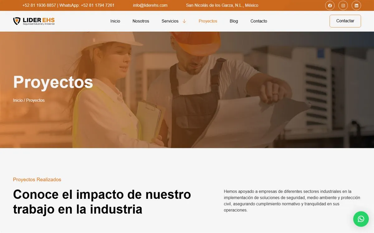 Página de proyectos del sitio de Líder EHS