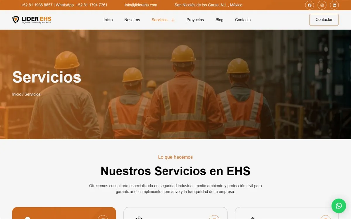 Página de servicios del sitio de Líder EHS