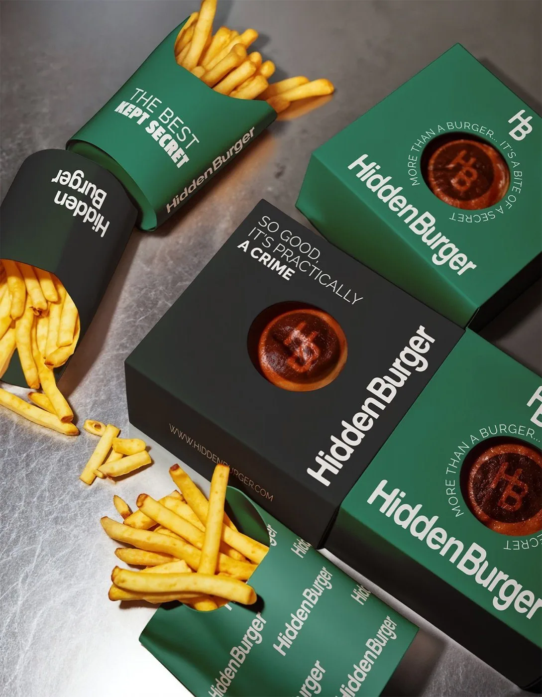 Empaques de Hidden Burger con papas a la francesa